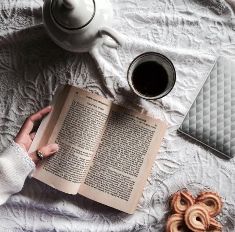 Book aesthetic with coffee mug and kettle