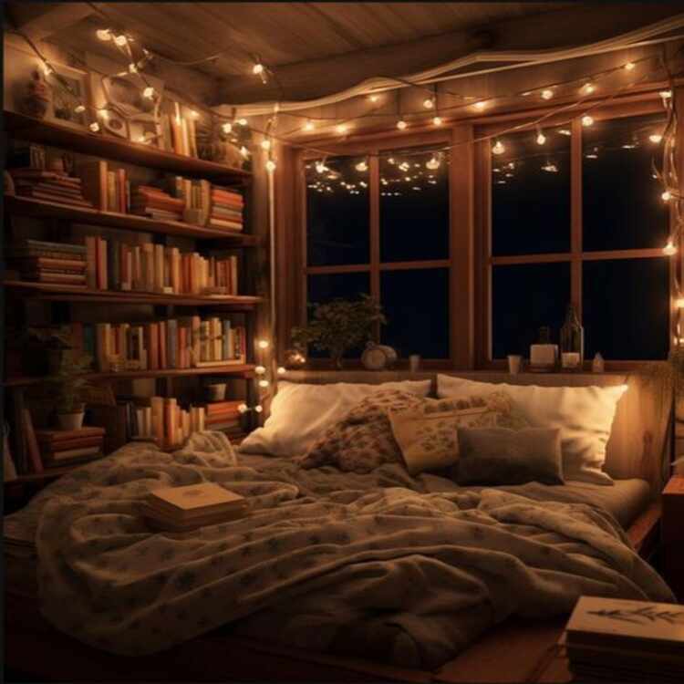 Dream like fairy lights attached to the headboard and waterfall fairy lights in the bedroom