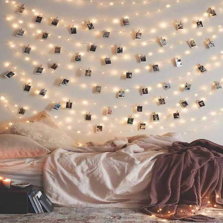 Multiple photo clips attached to string fairy lights